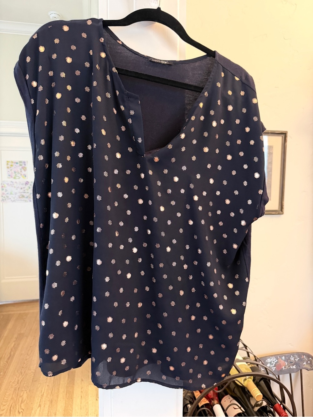 Women’s Navy Dot V-Neck Blouse with Metallic Accents